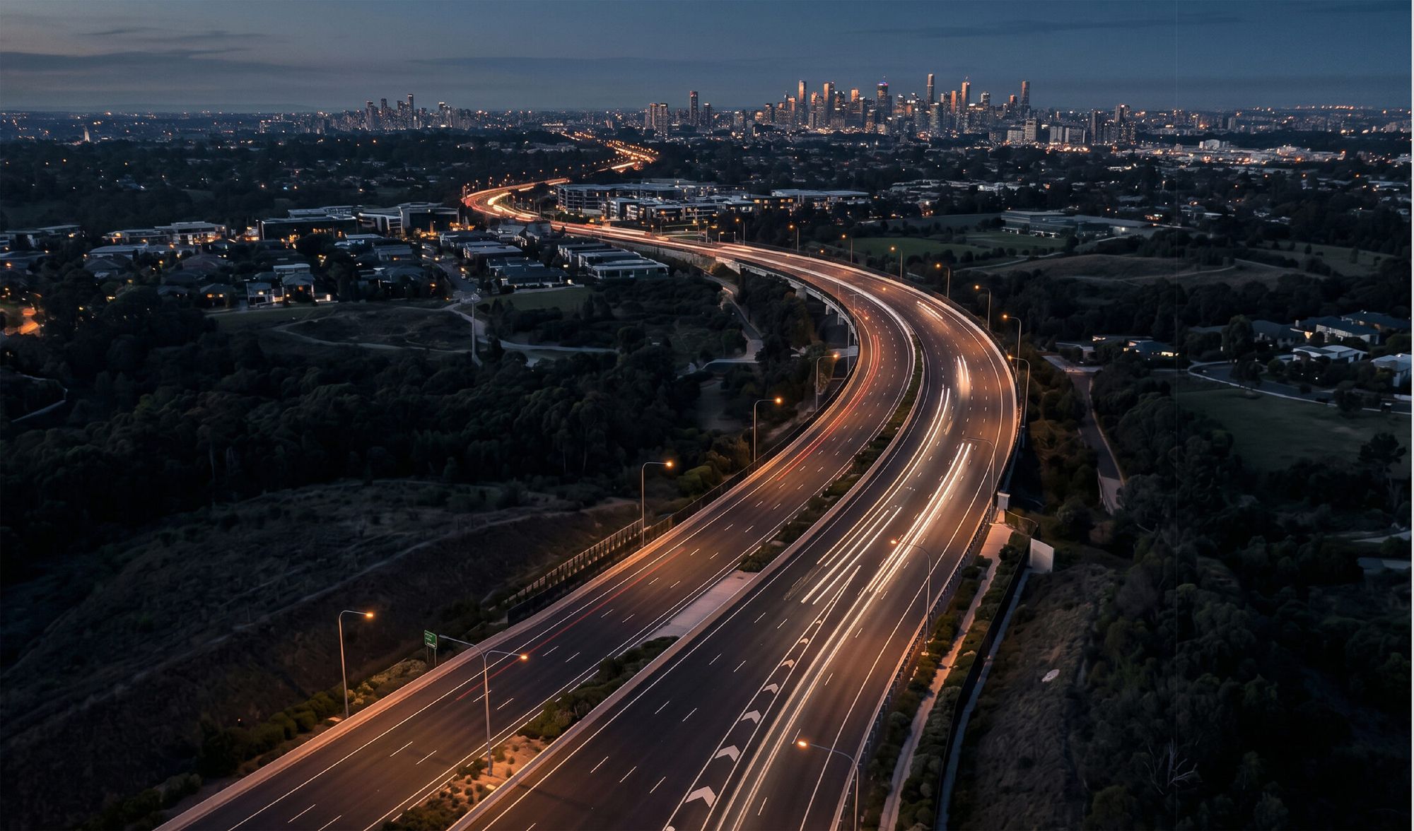 Night view of Bangalore skyline and highway