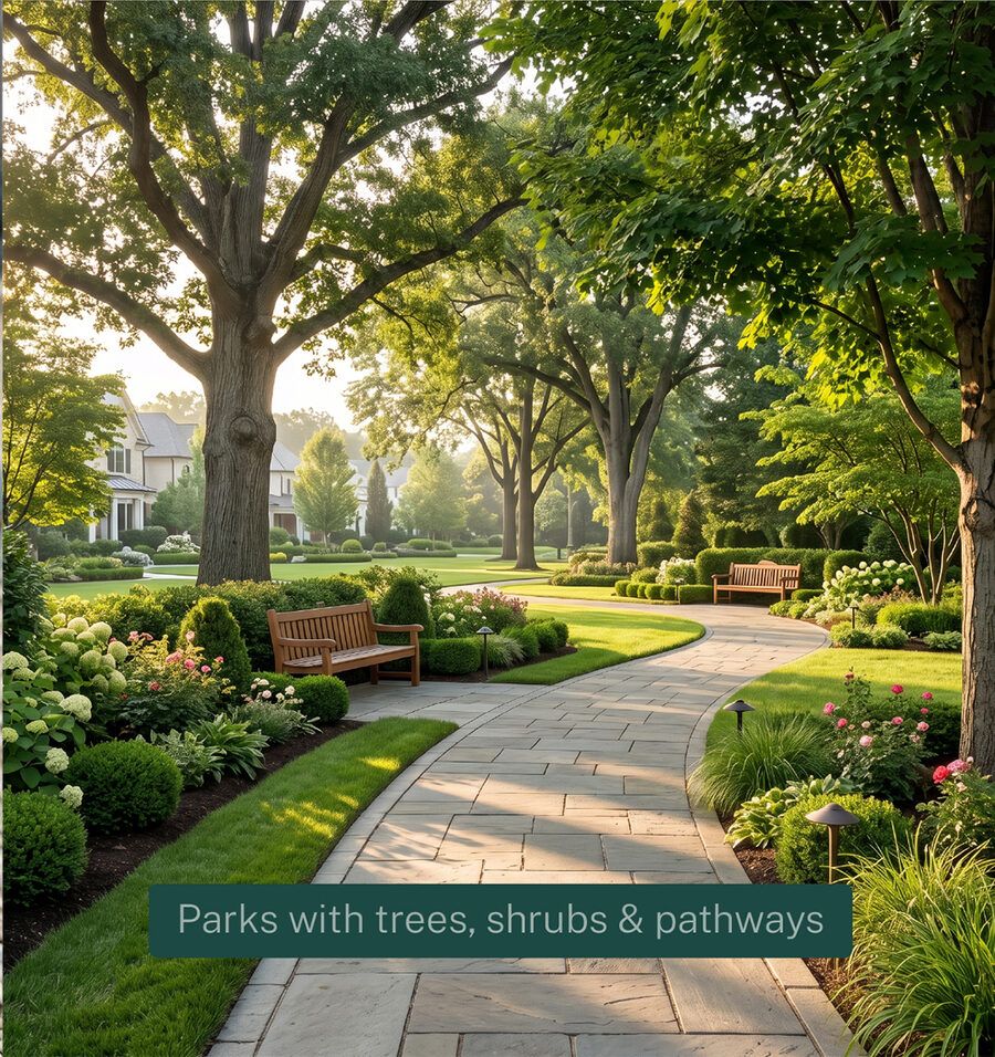 Parks with trees, shrubs and pathways